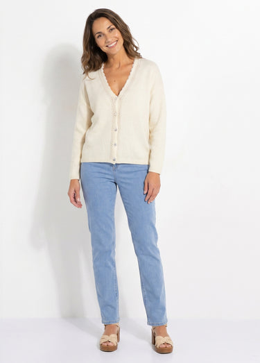 Gilet boutonné col V ajouré et macramé Ecru