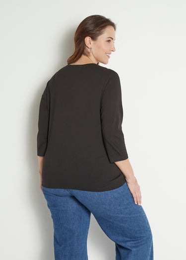 T-shirt court brodé manches 3/4 Noir
