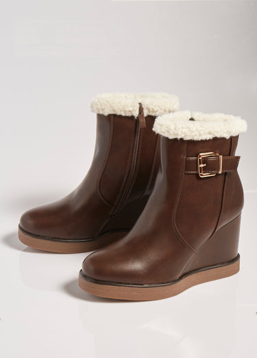 Boots fourrées à talon compensé Marron