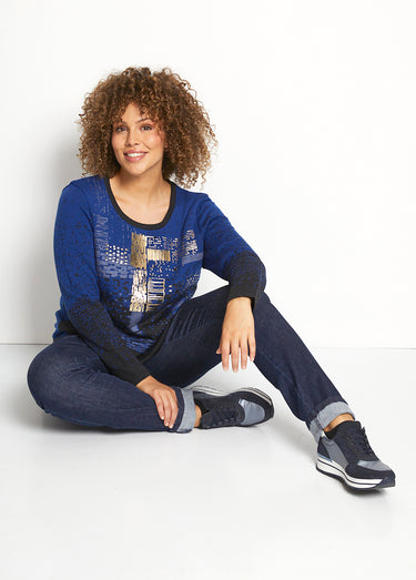 Pull chaud laine mérinos jacquard col rond Noir/Bleu