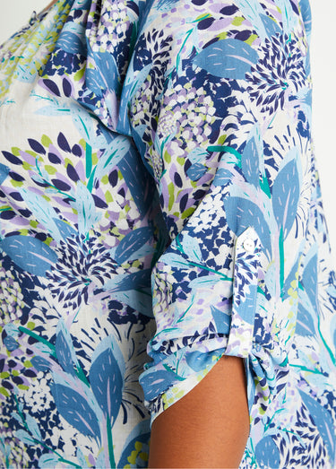 Tunique boutonnée longue fleurie Bleu / Blanc