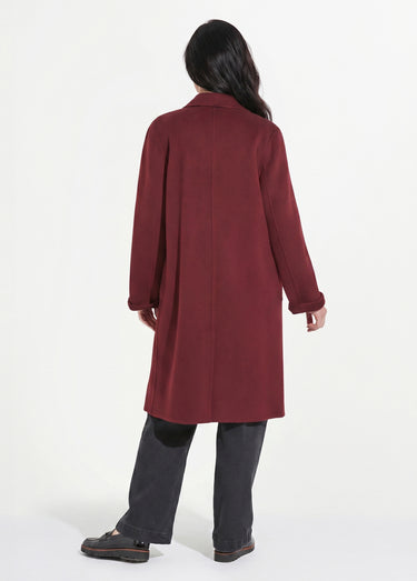 Manteau long drap de laine col tailleur Prune