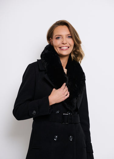 Manteau col fausse fourrure toucher laineux Noir