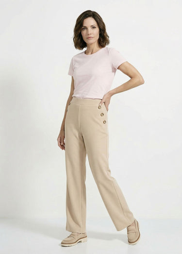 Pantalon large uni taille semi-élastiquée Beige