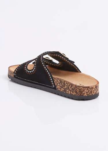 Mules folk à boucles, semelle type liège Noir