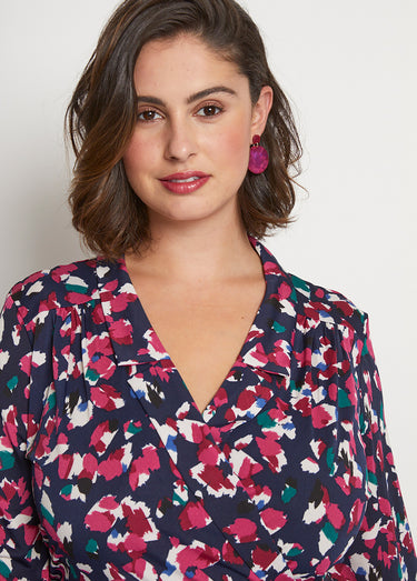 Robe courte évasée cache-coeur imprimée Imprime Fuchsia