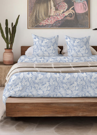 Housse de couette flanelle coton imprimé végétal Bleu