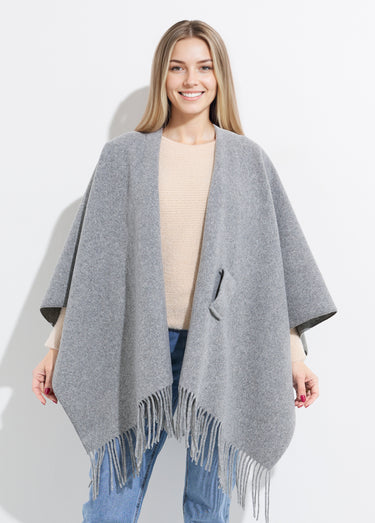 Manteau cape à franges aspect lainage Gris