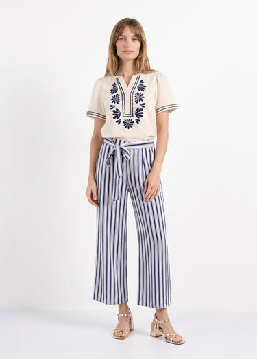 Pantalon rayé ceinturé, fils métallisés Marine/Ecru