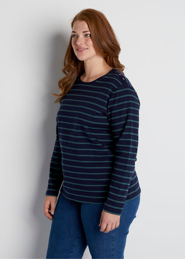 T-shirt marinière court coton manches longues Marine/Vert
