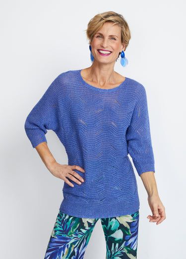 Pull maille reliefée ajourée volume boîte Bleu