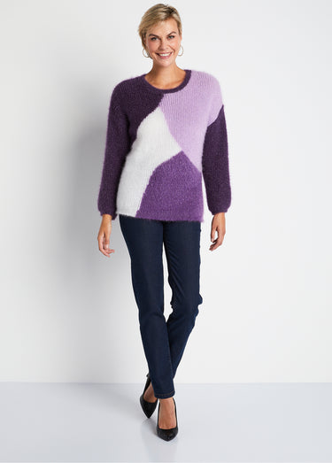Pull doux colorblock maille poilue Cassis/Ecru