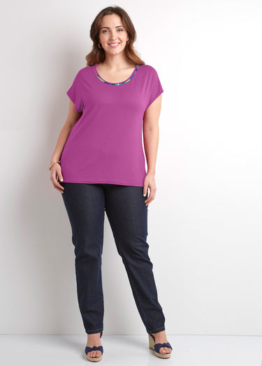 T-shirt long col rond uni ou imprimé manches courtes Uni Cassis