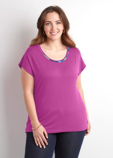T-shirt long col rond uni ou imprimé manches courtes Uni Cassis