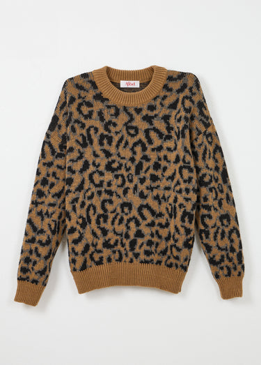 Pull motif léopard col montant manches longues Camel/Noir