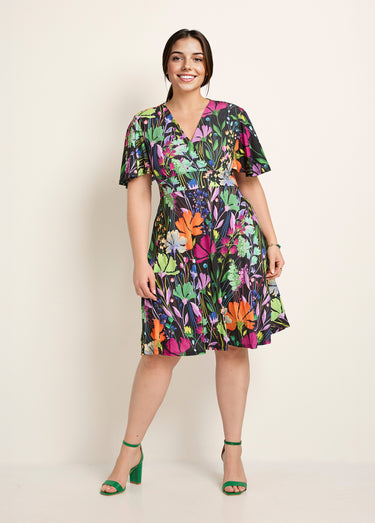 Robe courte fluide manches papillon, fleuri Imprime Fond Noir
