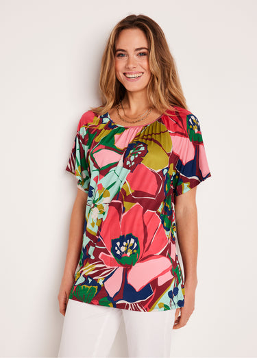 T-shirt long ample uni ou fleuri Rose/Vert