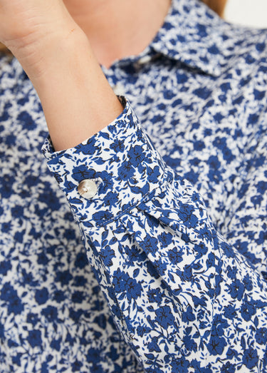 Chemisier droit coton fleuri boutonné Bleu