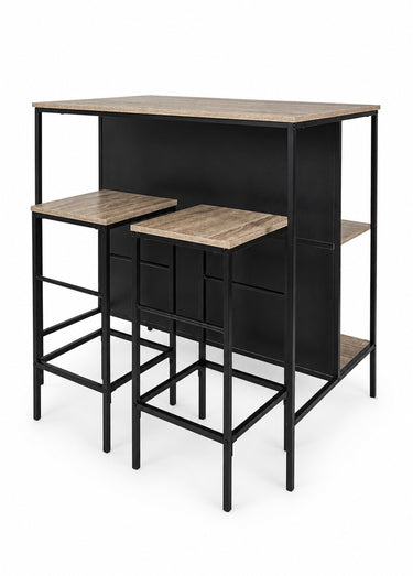 Set industriel Table ilot + 2 Tabourets  LOKA Marron/Noir