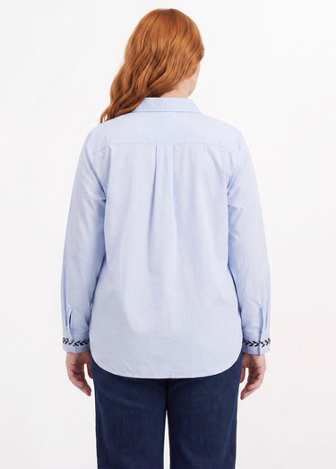 Chemisier popeline coton avec broderies Bleu ciel/marine