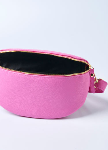 Sac banane zippé en cuir avec bandoulière Rose Vif