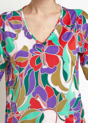 Tunique stretch col V, fleuri graphique Imprimé violet/vert
