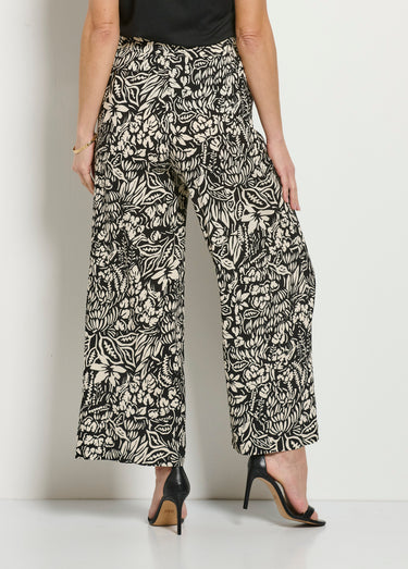 Pantalon large taille élastiquée fleuri ou uni Noir/Ecru