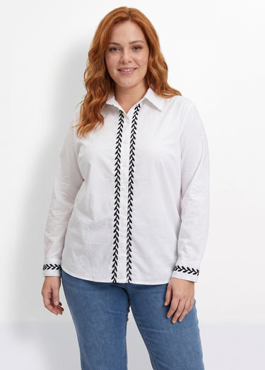 Chemisier popeline coton avec broderies Blanc/Marine