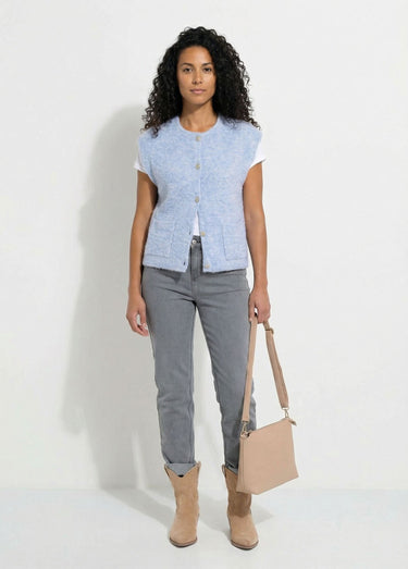 Gilet sans manches boutons dorés maille bouclette Bleu