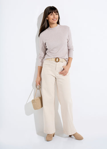 T-shirt col montant maille côtelée manches longues Beige