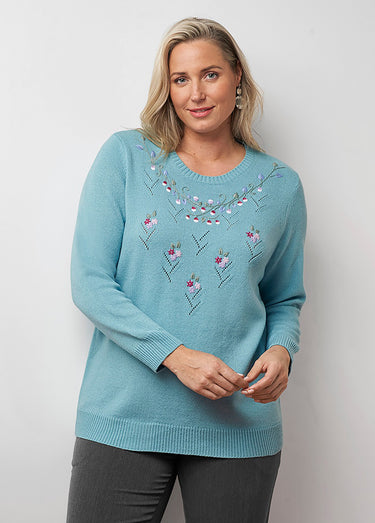 Pull doux uni brodé ajouré col rond Vert Onyx