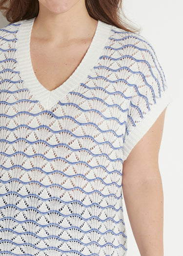 Pull sans manches col V ajouré bicolore Ecru/Bleu