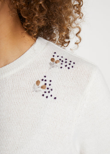 Pull doux uni brodé col rond manches longues Ecru