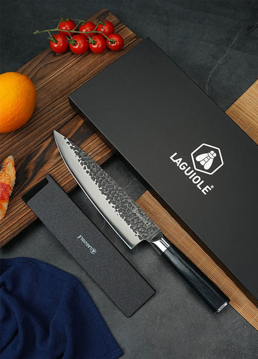 Couteau de chef lame martelée + étui, Sen Noir