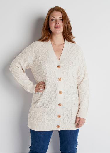 Gilet long boutonné torsades col V Ecru