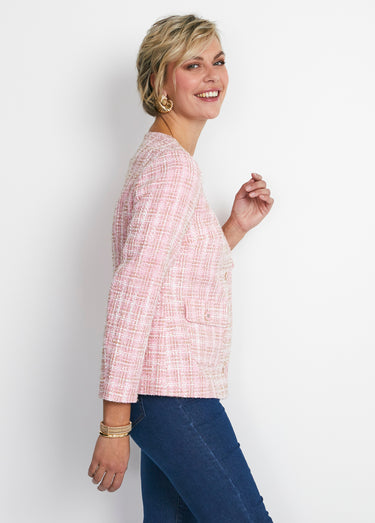 Veste courte sans col tissu effet tweed Rose / doré