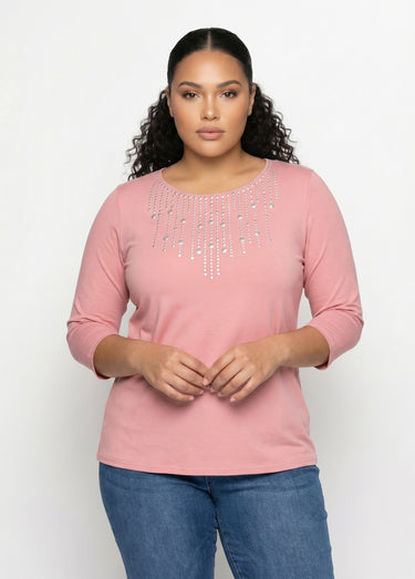 T-shirt manches 3/4 clouté fantaisie Rose