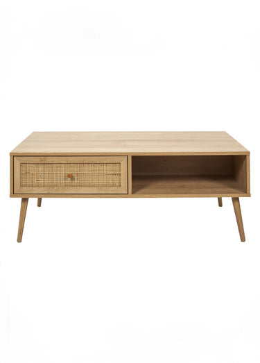 Table basse 1 tiroir, bois et cannage Marron