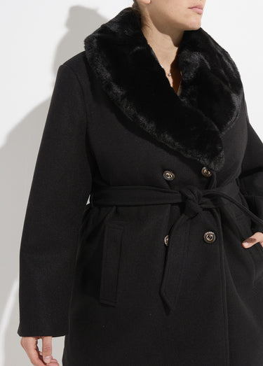 Manteau toucher laineux col fourrure Noir