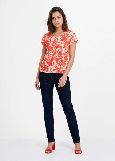 T-shirt manches courtes uni ou imprimé fleurs Rouge/Beige