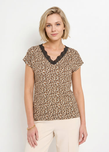 T-shirt court extensible dentelle Fond Camel