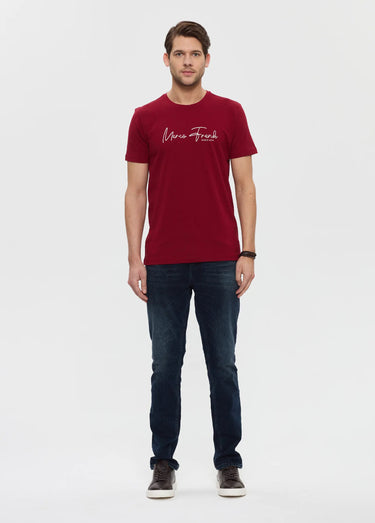 T-shirt col rond à message signature Bordeaux