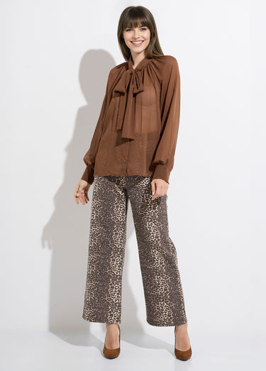 Chemisier voile uni avec col lavallière Chocolat