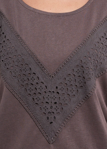 T-shirt dentelle coton manches kimono Chocolat