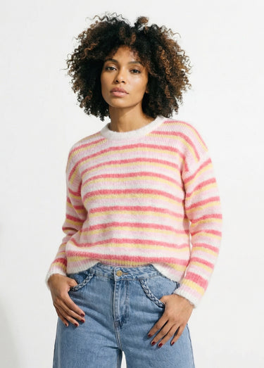 Pull duveteux col rond, rayures pastel Rose/Jaune