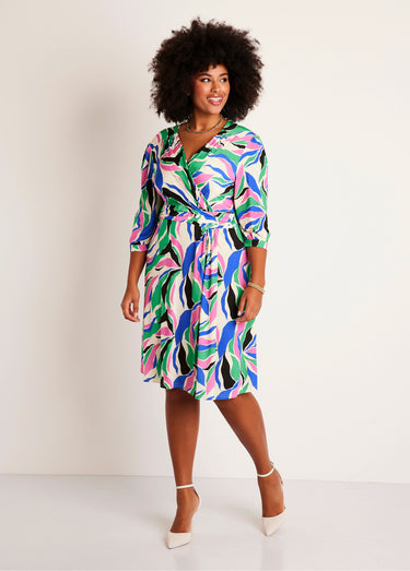 Robe maille courte évasée motif graphique Bleu/Rose