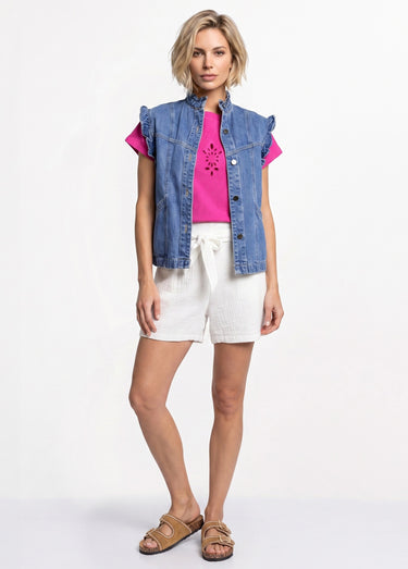 Veste en jean volantée sans manches Bleu Stone