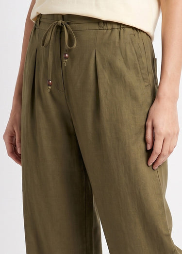 Pantalon large avec lin, style ethnique Kaki