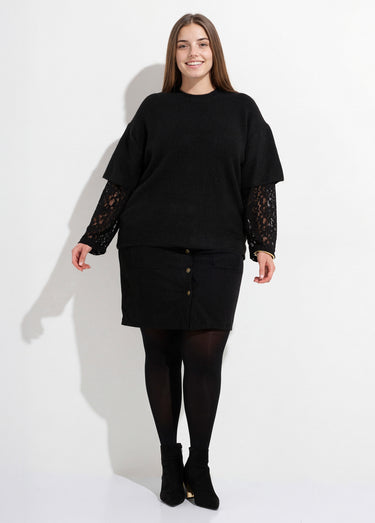 Pull chaud avec laine, manches dentelle Noir