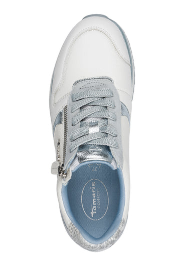 Sneakers cuir lisse, détails métallisés Blanc/Bleu